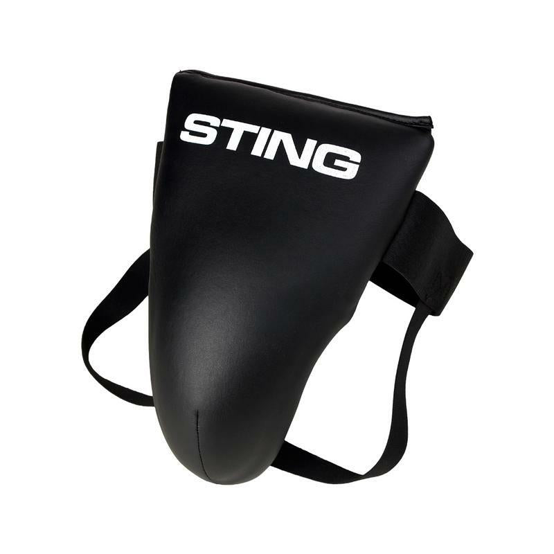 Black athletic groin guard with 'STING' branding on a white background