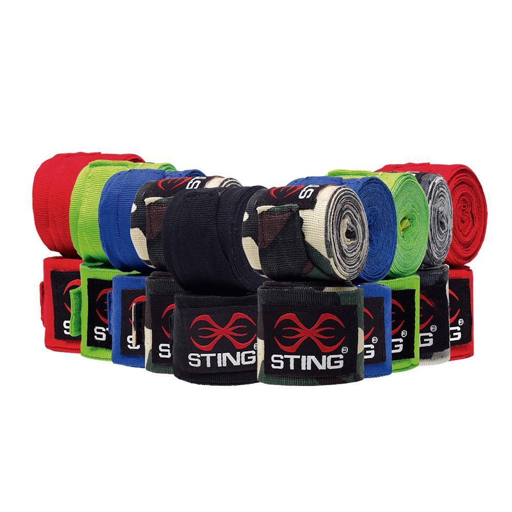 Collection of Sting brand hand wraps in various colors on a white background