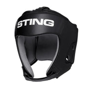 Black Orion Gel boxing headgear with 'Sting' branding on a white background