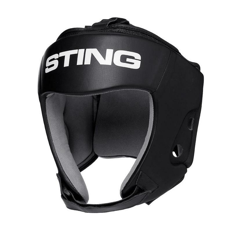 Black Orion Gel boxing headgear with 'Sting' branding on a white background