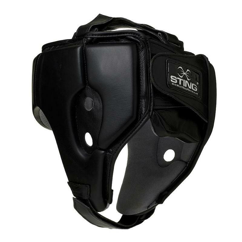 Black boxing headgear with 'Sting' branding on a white background