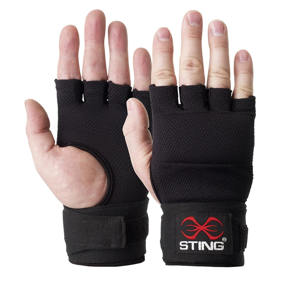 Black fingerless boxing quick wraps with wrist wraps and Sting logo on a white background