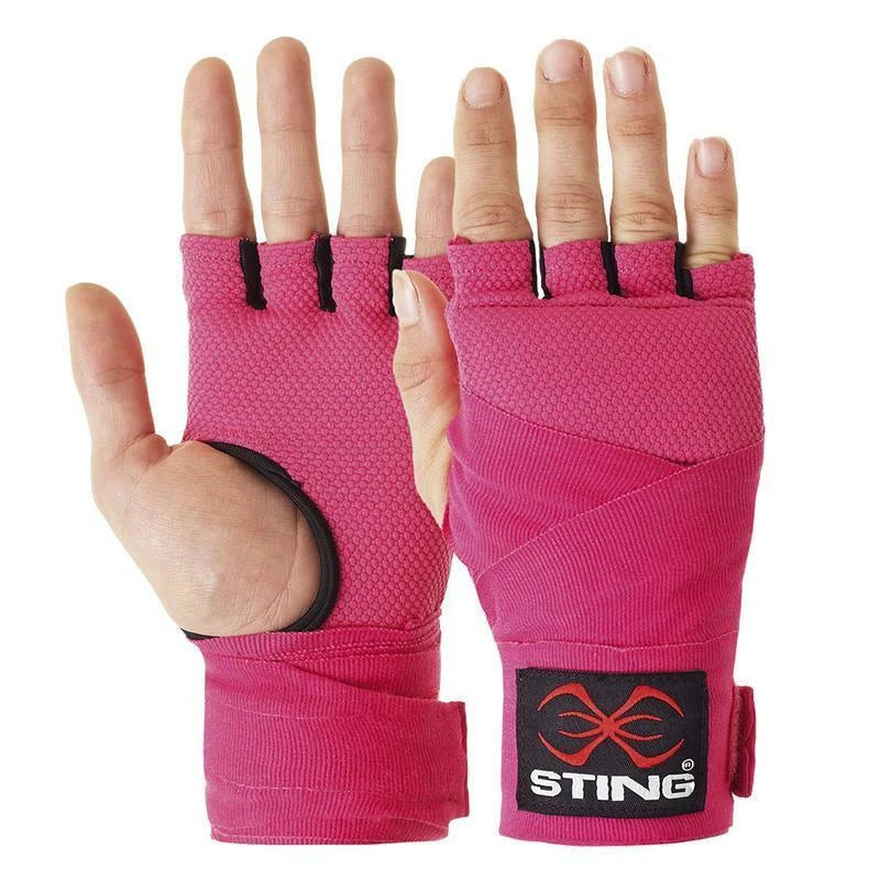 Pink boxing quick wraps with black accents and Sting logo on a white background