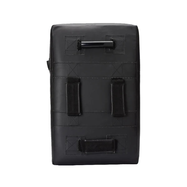 Back side of a black Sting Sports kickshield on a white background