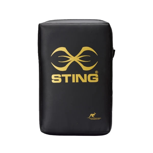 Black martial arts kick shield with 'Sting' logo on a white background