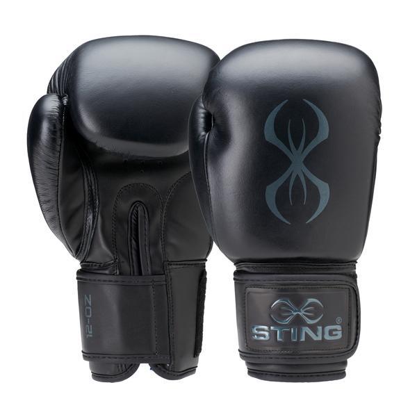 Black boxing gloves with Sting logo on a white background