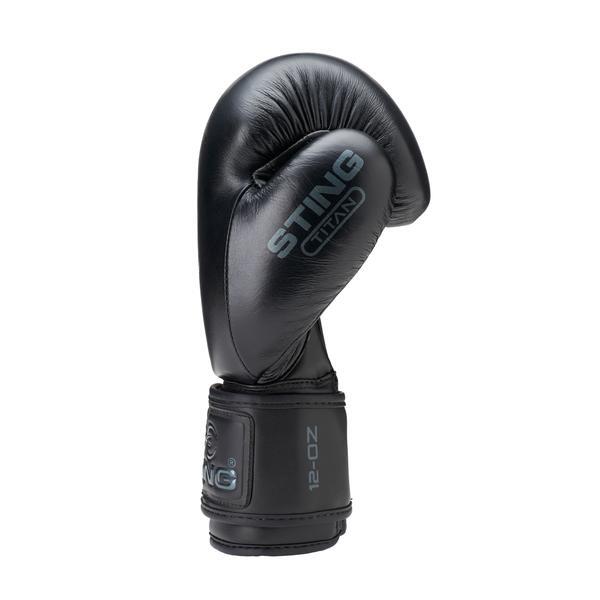 Black boxing glove side profile with 'Sting' branding on a white background
