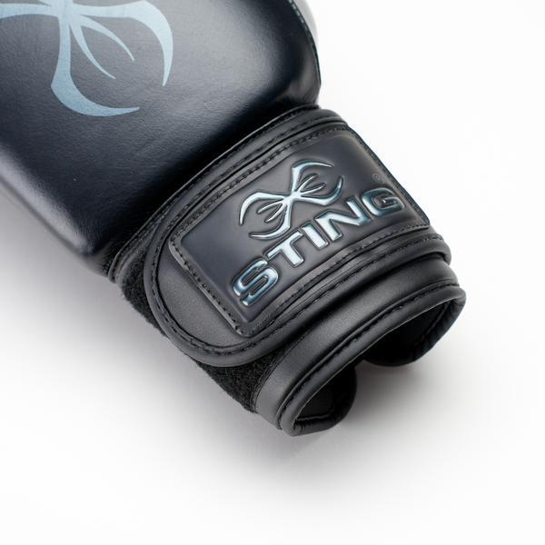 Black boxing glove wrist section with 'Sting' branding on a white background