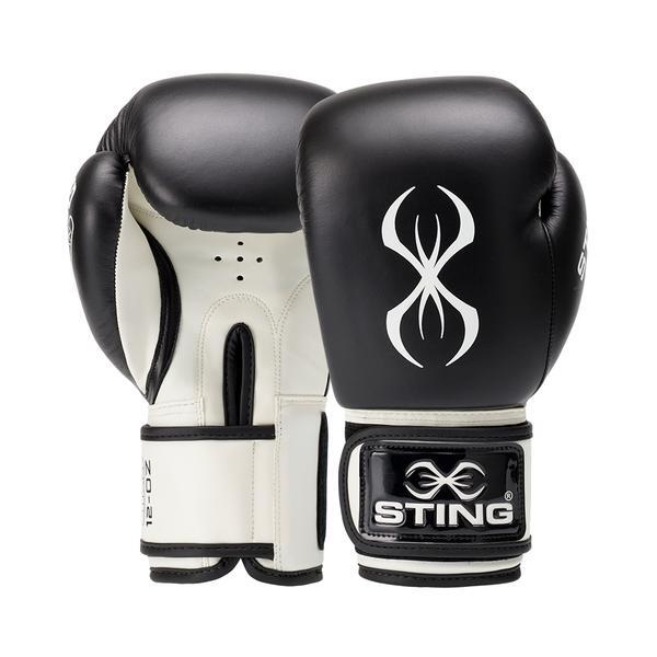 Black and white boxing gloves with Sting logo on a white background
