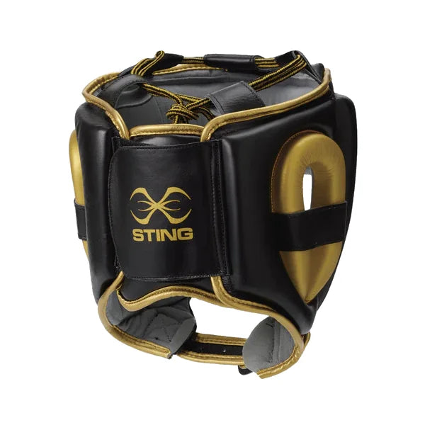 Back of black and gold boxing headgear with 'Sting' logo on a white background