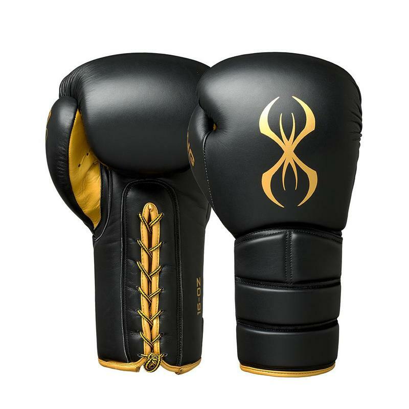 Black Sting Sports boxing gloves with gold accents and logo on a white background