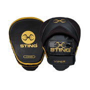 Black and gold Sting Viper boxing mitts on a white background