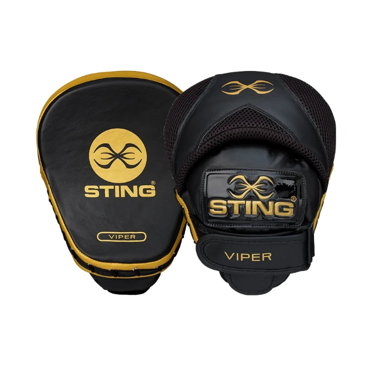 Black and gold Sting Viper boxing mitts on a white background
