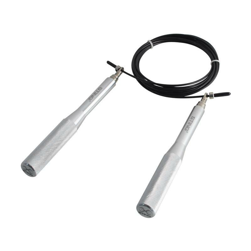 Pair of silver jump rope handles on a white background
