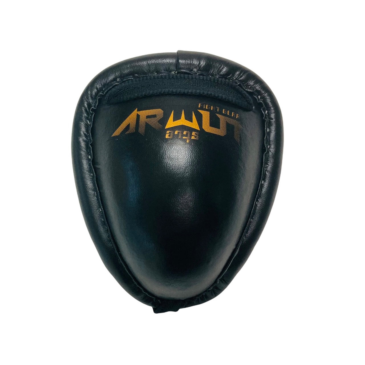 Black protective steel groin guard with 'Arwut' branding on a white background