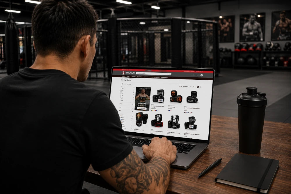 Person using a laptop in a gym setting with fitness equipment in the background