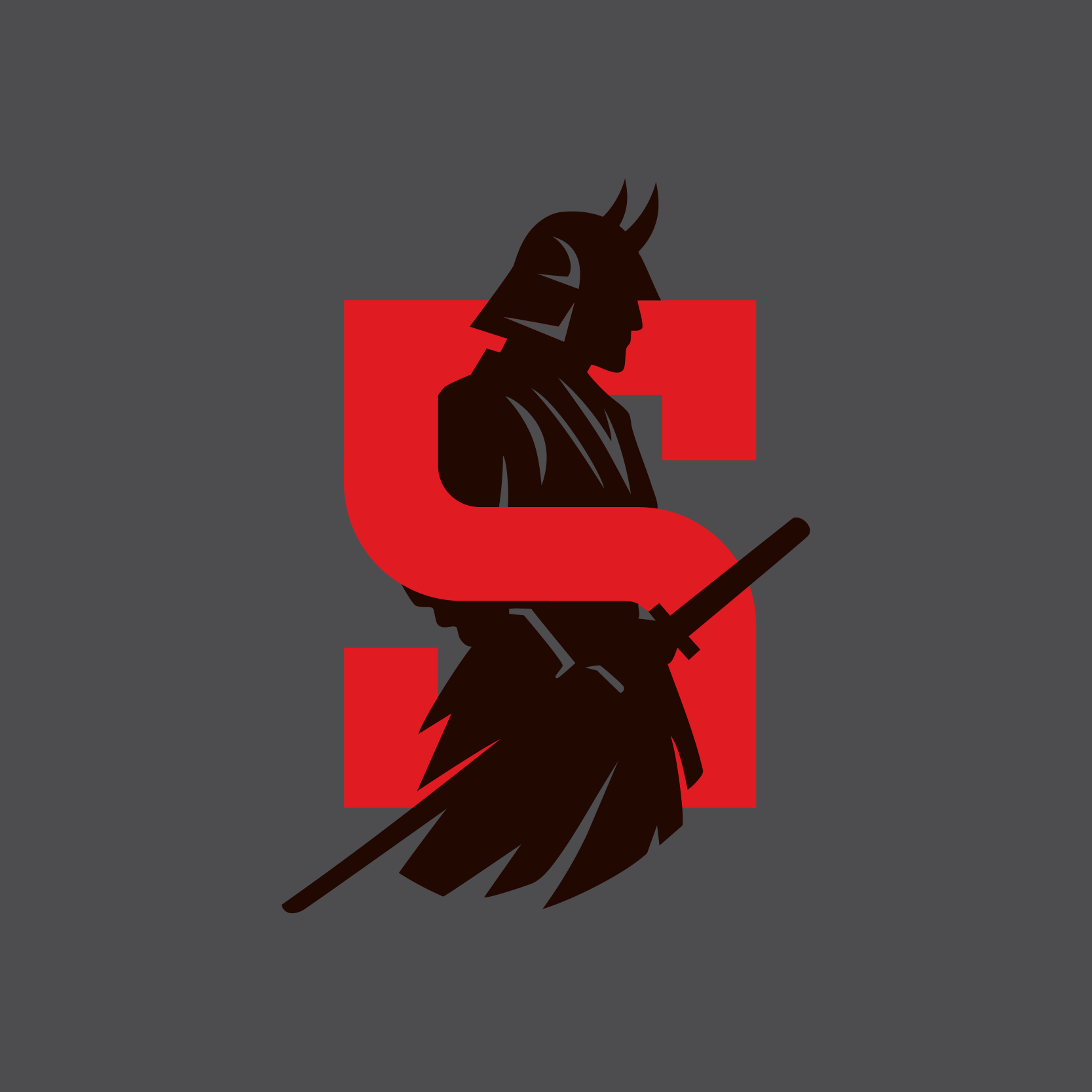 Silhouette of a warrior with a samurai sword against a red 'S' on a gray background
