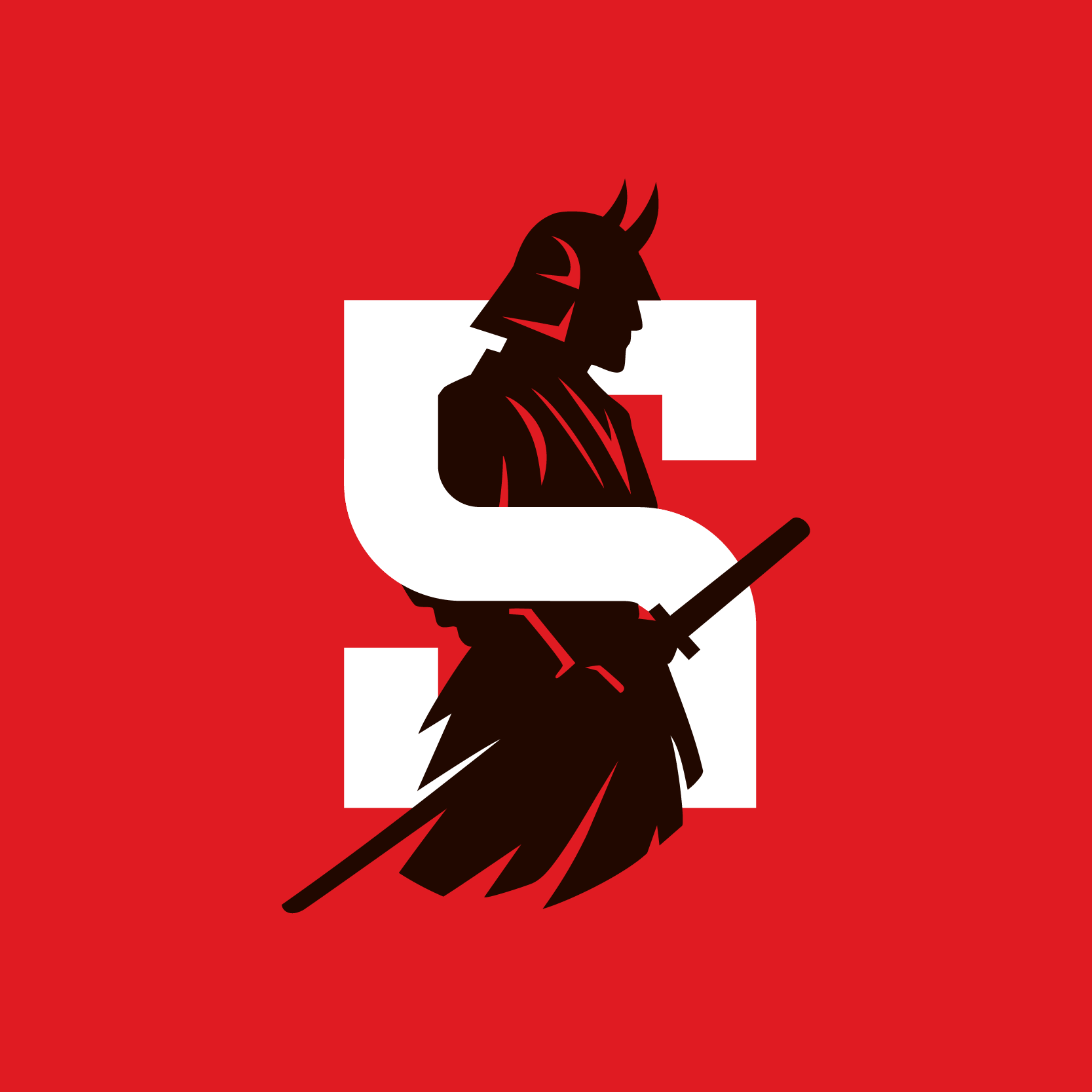 Silhouette of a warrior with a sword on a red background