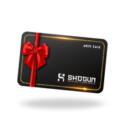 Black gift card with a red bow and Shogun logo on a white background