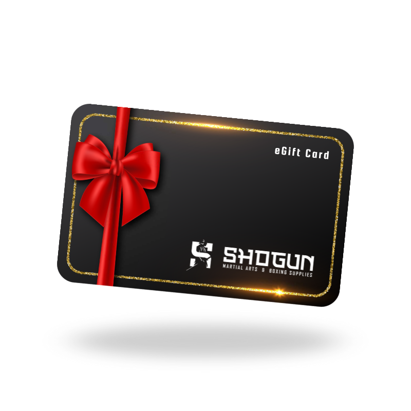 Black gift card with a red bow and Shogun logo on a white background