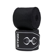 Two rolls of black boxing hand wraps with 'Sting' branding on a white background
