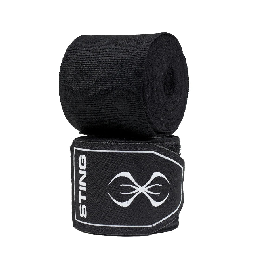 Two rolls of black boxing hand wraps with 'Sting' branding on a white background