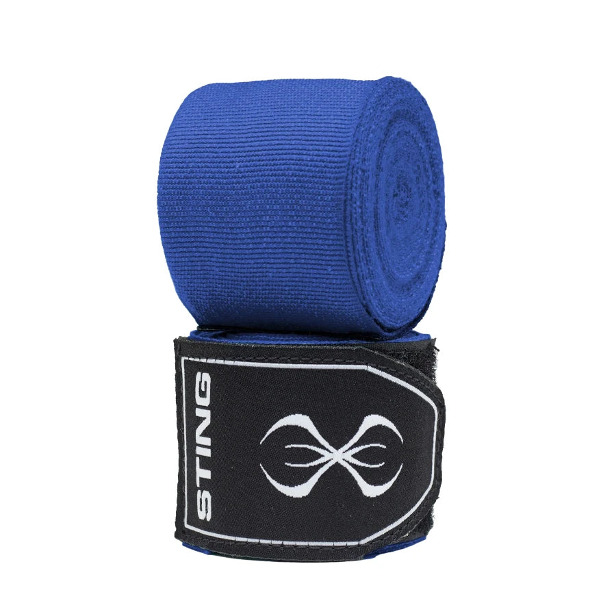 Roll of blue boxing hand wraps with Sting brand logo on a white background