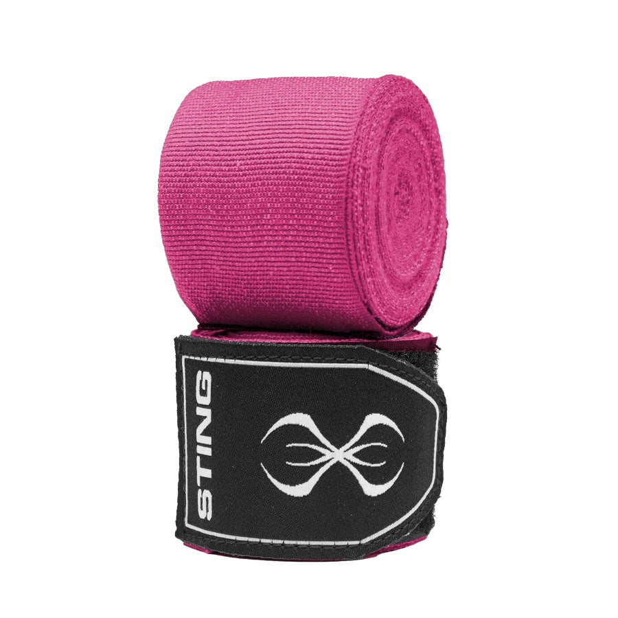 Pink boxing hand wraps with 'Sting' logo on a white background