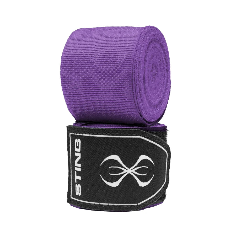 Purple boxing hand wraps with Sting logo on a white background