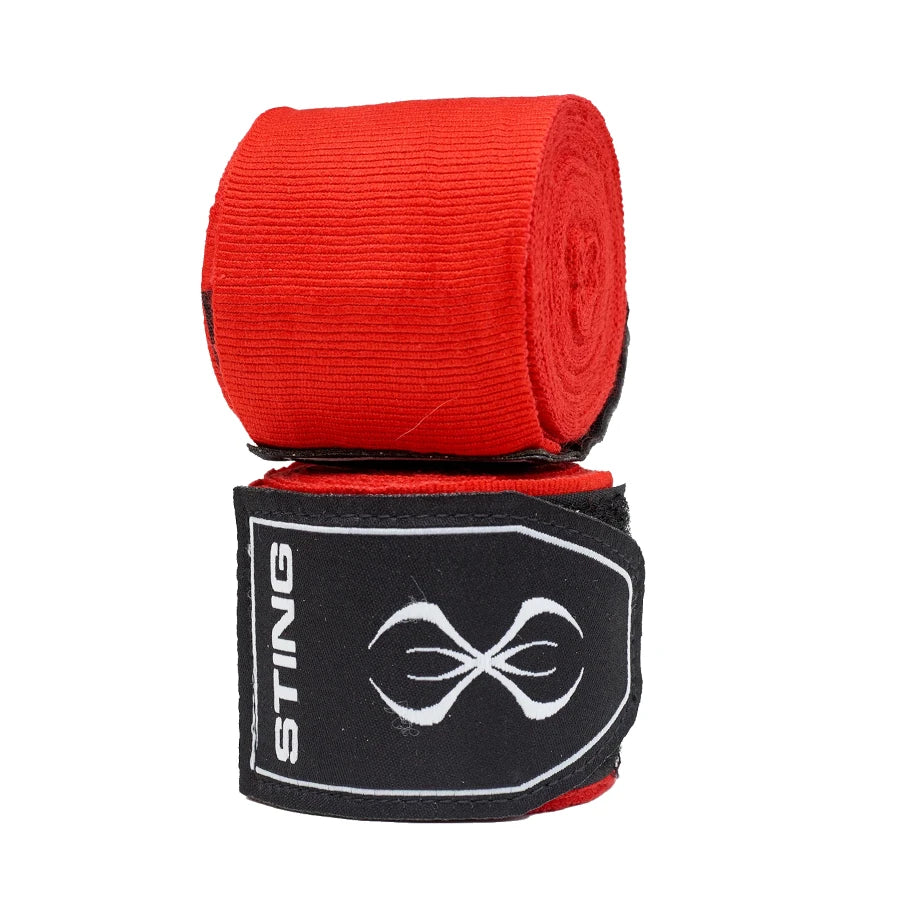 Sting boxing hand wraps in red on a white background