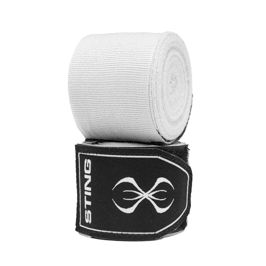 White boxing hand wraps with Sting logo on a white background