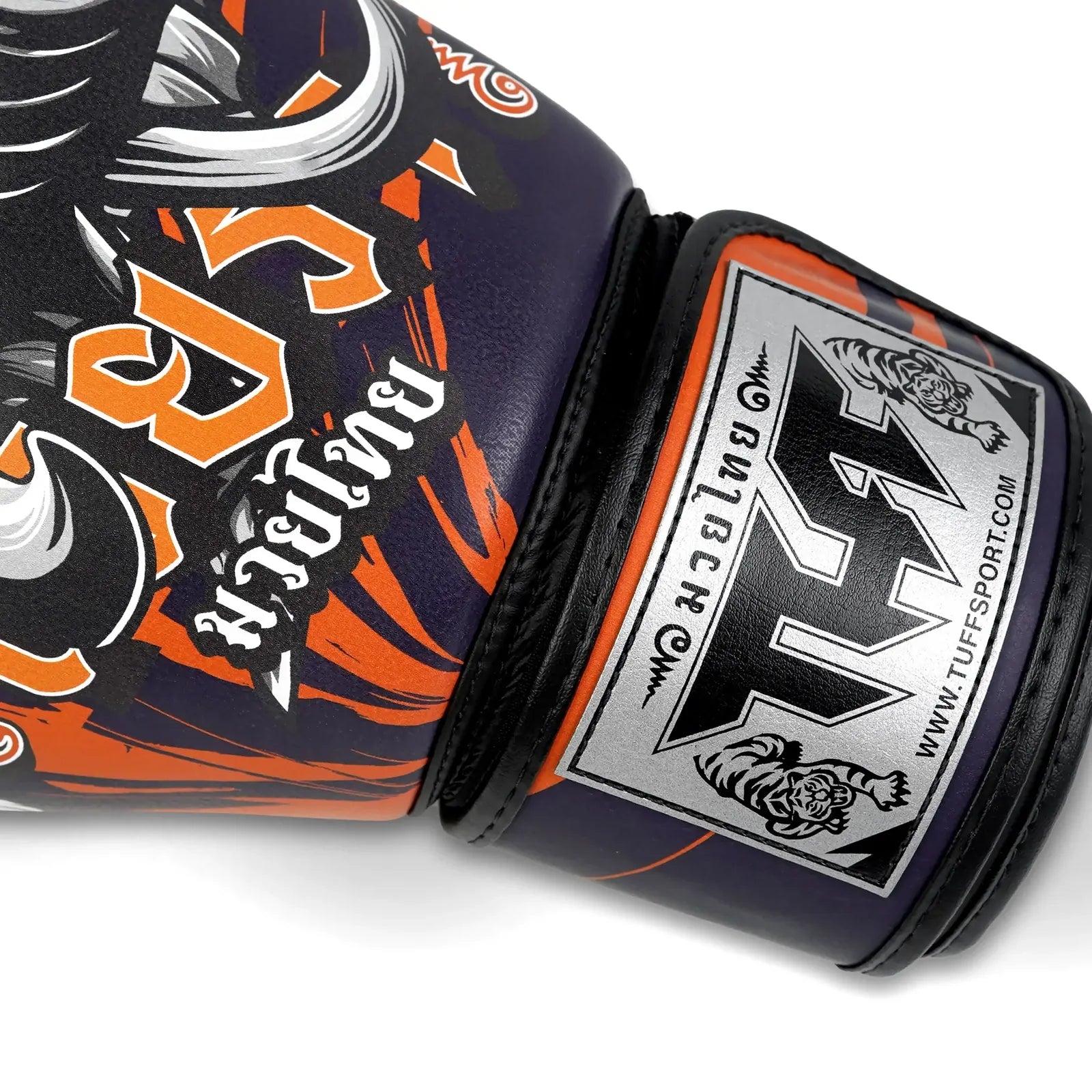 Boxing glove with black, orange, and purple design featuring a brand logo on a white background