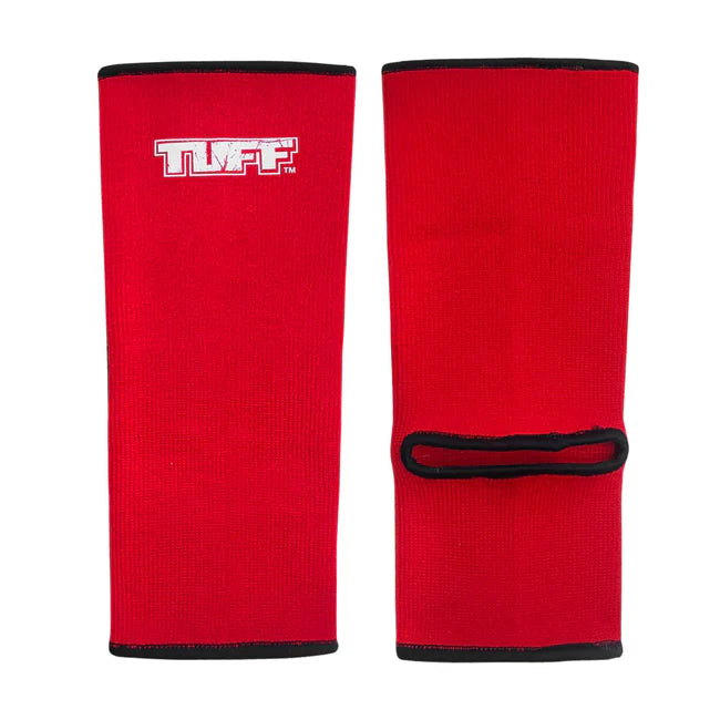 Red anklets with black accents and 'TUFF' branding on a white background