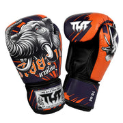 Pair of boxing gloves with elephant design and brand logo on a white background