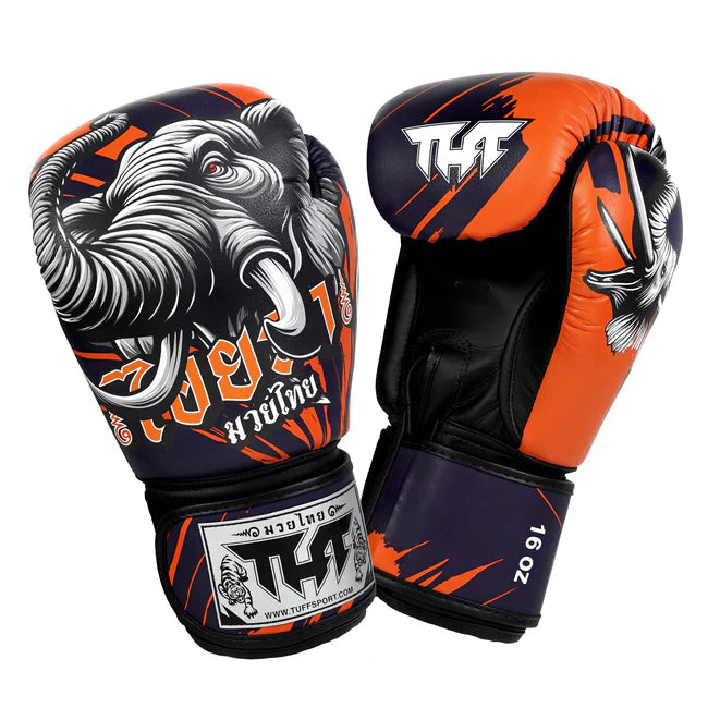 Pair of boxing gloves with elephant design and brand logo on a white background