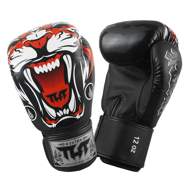 Black boxing glove with a tiger design on a white background