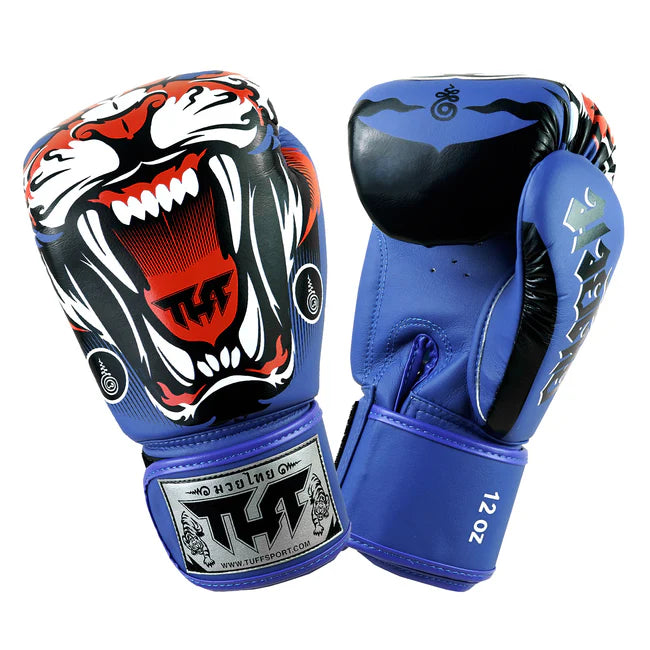 Blue boxing gloves with a fierce tiger face design on a white background