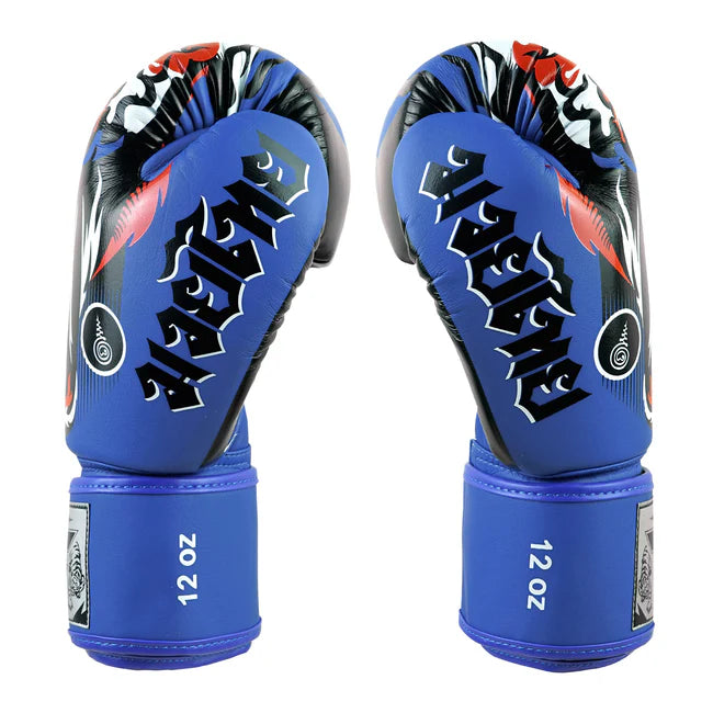 Blue boxing gloves with black and red accents on a white background