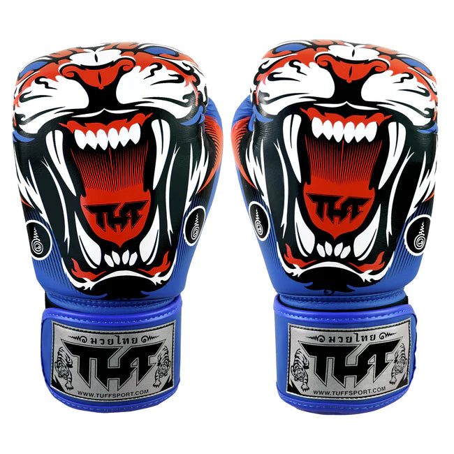 Pair of boxing gloves with a fierce animal design on a white background