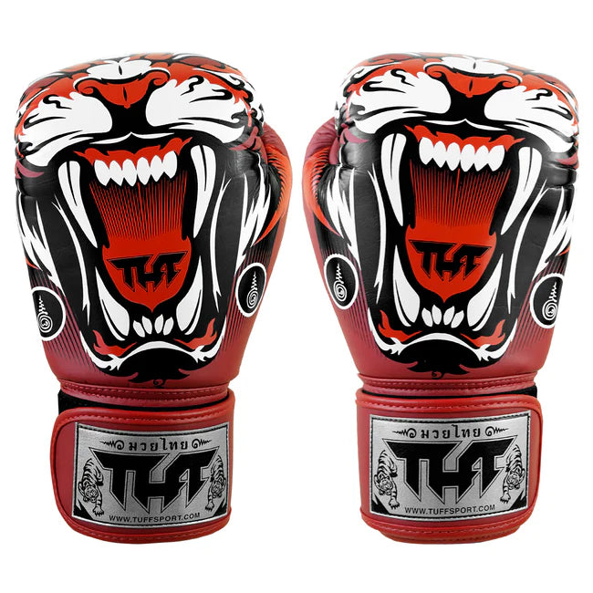 Red and black boxing gloves with a tiger design on a white background