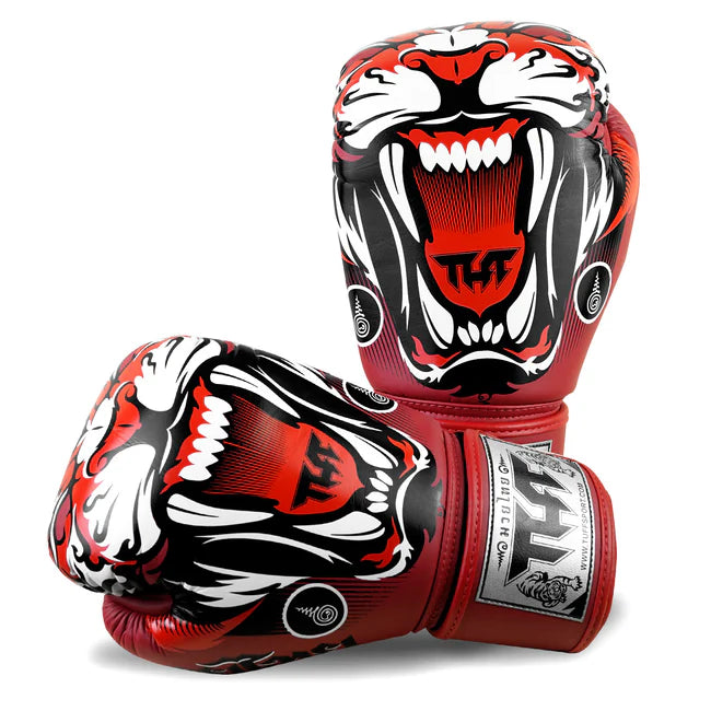 Red, black, and white boxing gloves with a tiger design on a white background