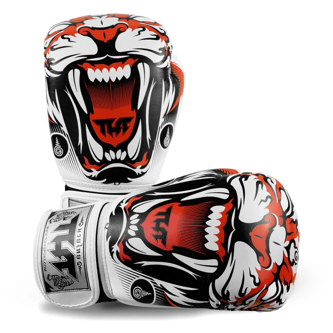 Pair of boxing gloves with a tiger design on a white background