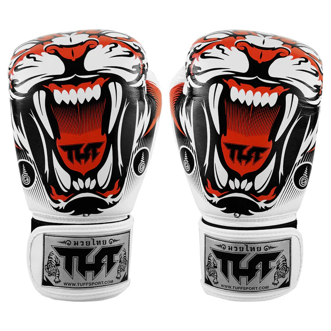 Pair of boxing gloves with a tiger design on a white background
