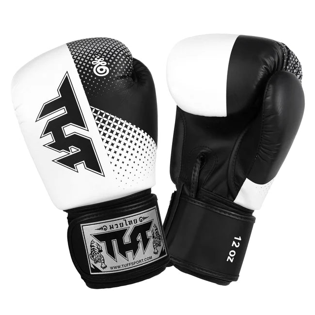 Black and white boxing gloves with TUFF logo on a white background