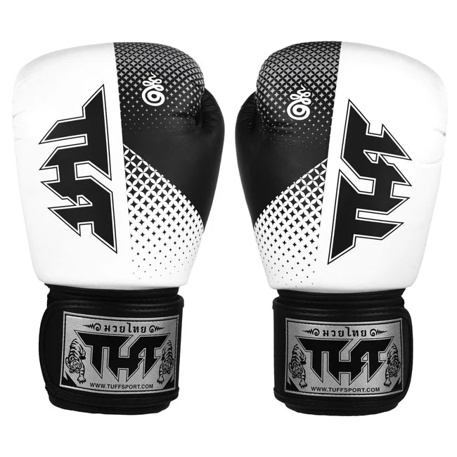 Pair of white and black boxing gloves with TUFF logo on a white background