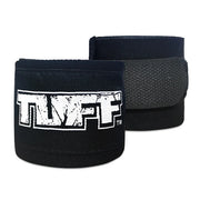 Two black wrist wraps with a visible brand logo on a white background