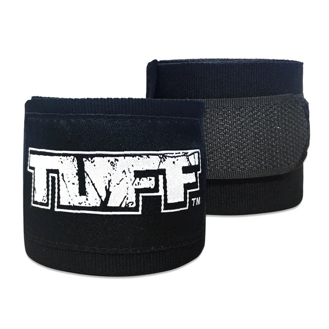 Two black wrist wraps with a visible brand logo on a white background
