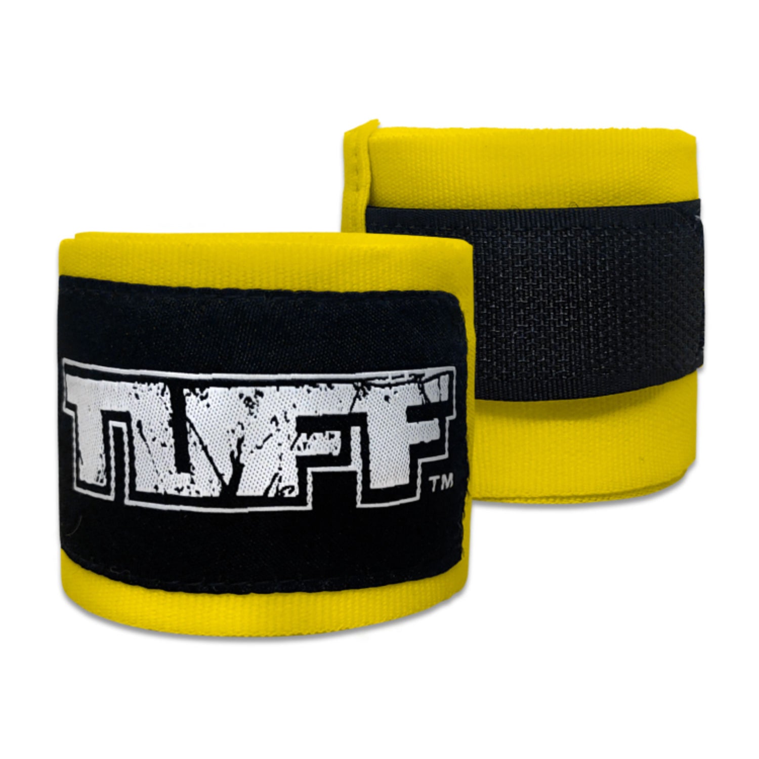 Yellow and black wrist wraps with Tuff logo on a white background