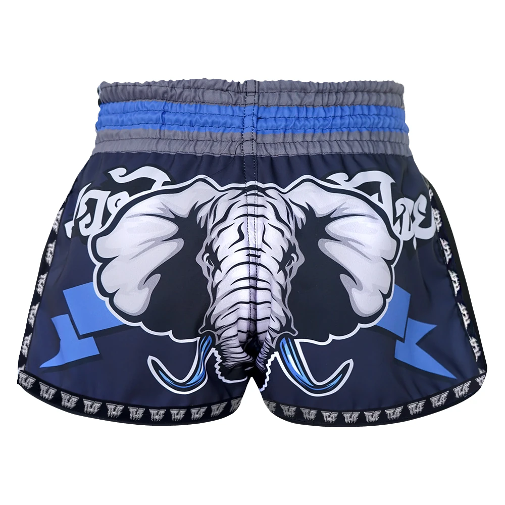 Navy blue Muay Thai shorts with elephant design on a white background