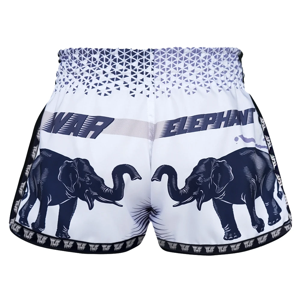 White Muay Thai shorts with elephant design and 'War Elephant' branding on a white background